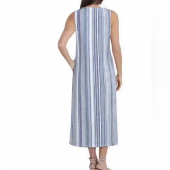 NEW BLUE WHITE LINEN VERTICAL STRIPE Long Dress Pockets Stretchy Beach Summer S - Picture 2 of 12